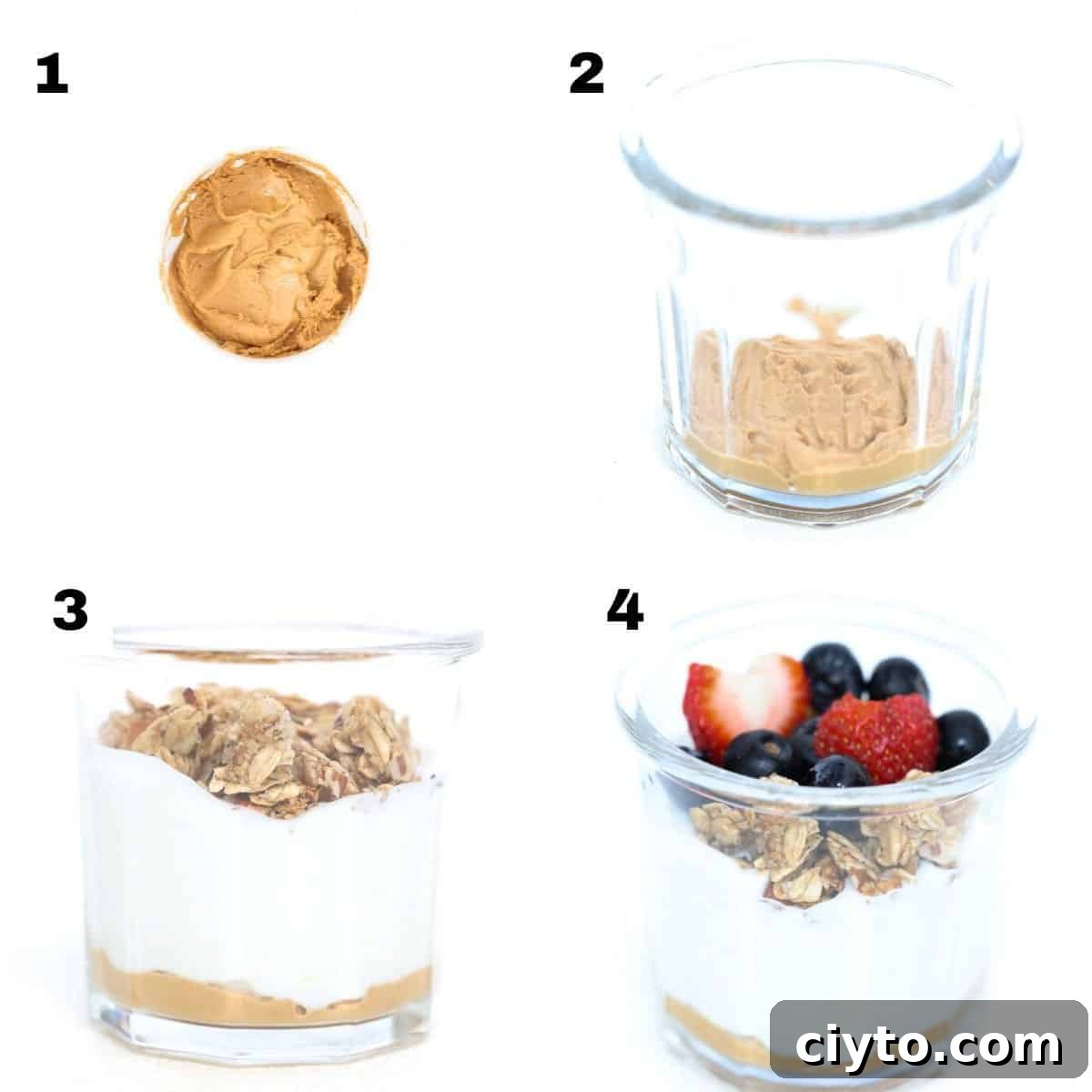 Four numbered images showing how to make a high protein Greek yogurt parfait.