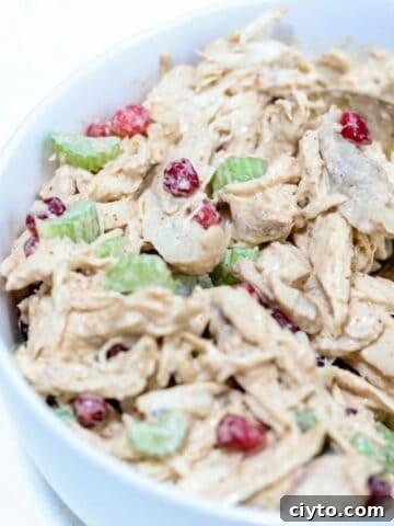 Up close picture of chicken pomegranate salad in a white bowl with a gold serving spoon.