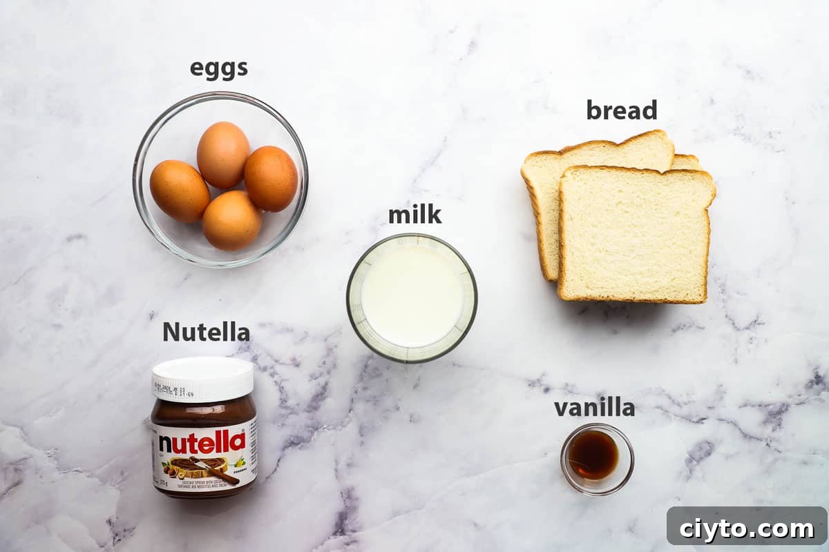ingredients pictured and labelled for nutella french toast casserole