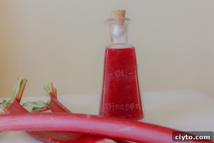 Home Made Rhubarb Vinegar stored in a vintage crystal flask