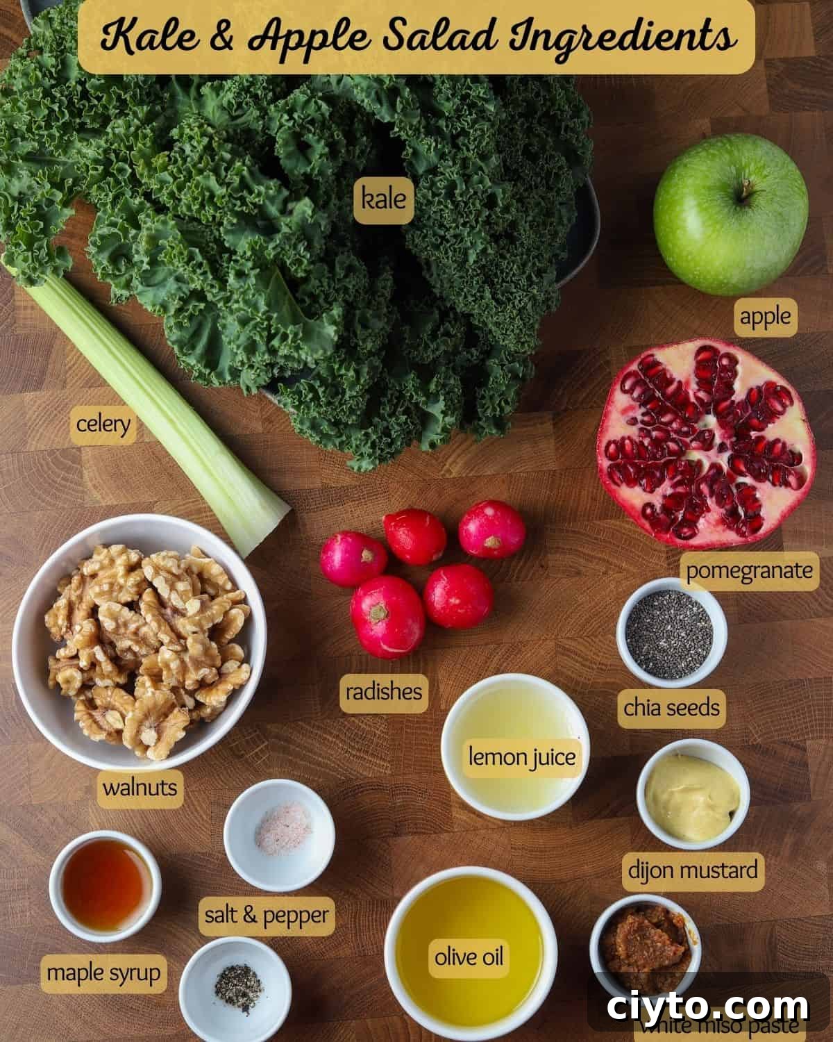Kale and Apple Salad with Maple-Candied Walnuts 3 Labelled photo showing each of the ingredients for making kale and apple salad.