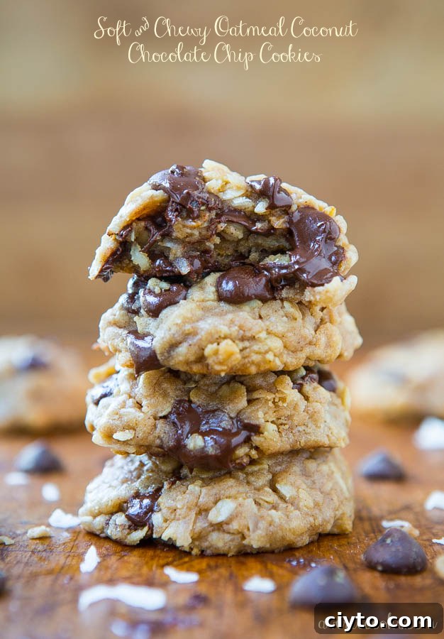Soft and chewy oatmeal coconut chocolate chip cookies