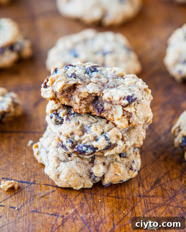 Thick and chewy oatmeal raisin cookies