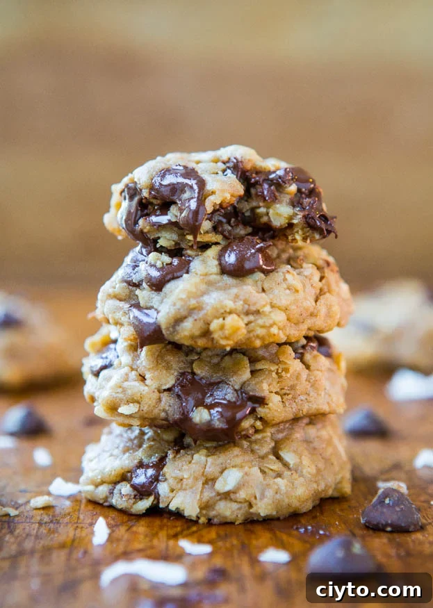 Freshly baked oatmeal coconut chocolate chip cookies