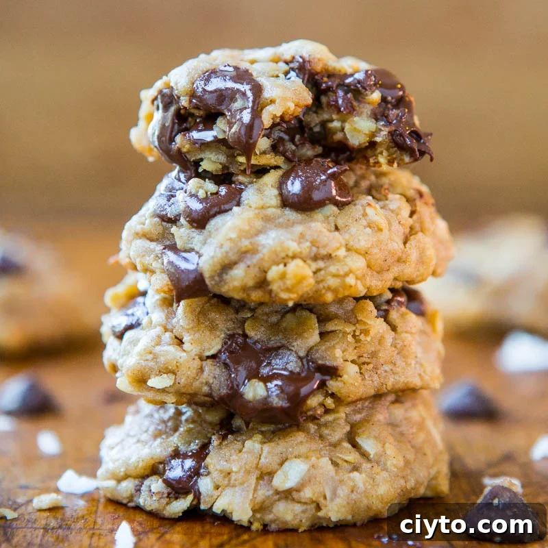 A stack of three chocolate chip oatmeal cookies with gooey chocolate.