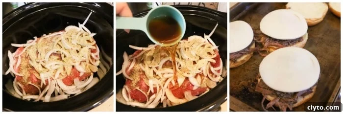 Slow Cooker Shredded Beef Sandwich Recipe 3 progress pictures adding ingredients to the slow cooker