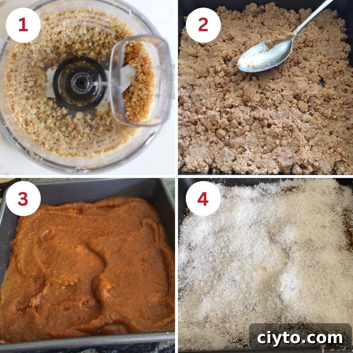 Photos showing grinding the graham crackers, and adding the crust, pumpkin, and coconut layers to the pan.