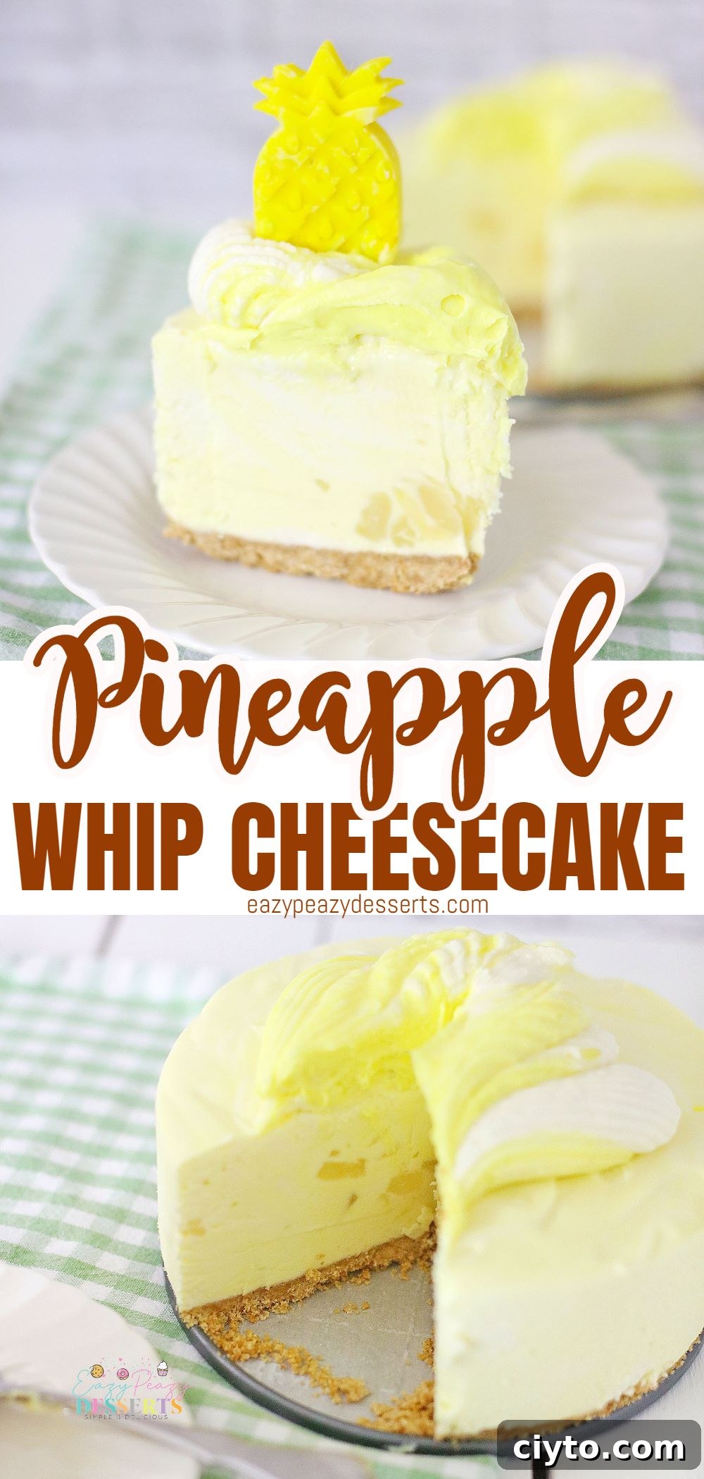 Creamy Pineapple Whip Cheesecake Recipe 6 Photo collage of pineapple cheesecake