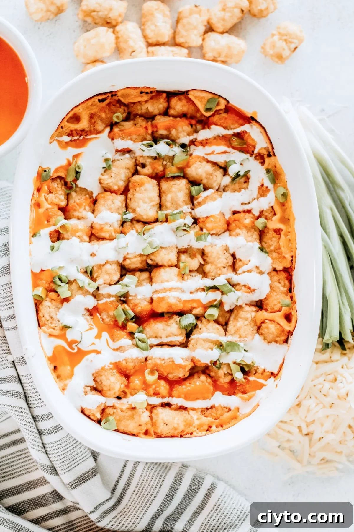 garnish with green onions ranch and buffalo sauce