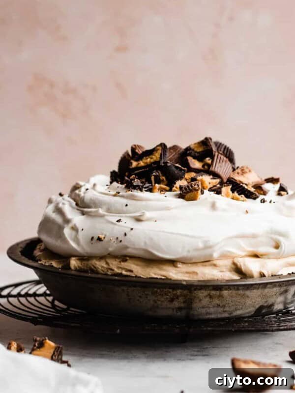 A peanut butter pie piled with whipped cream and peanut butter cups.