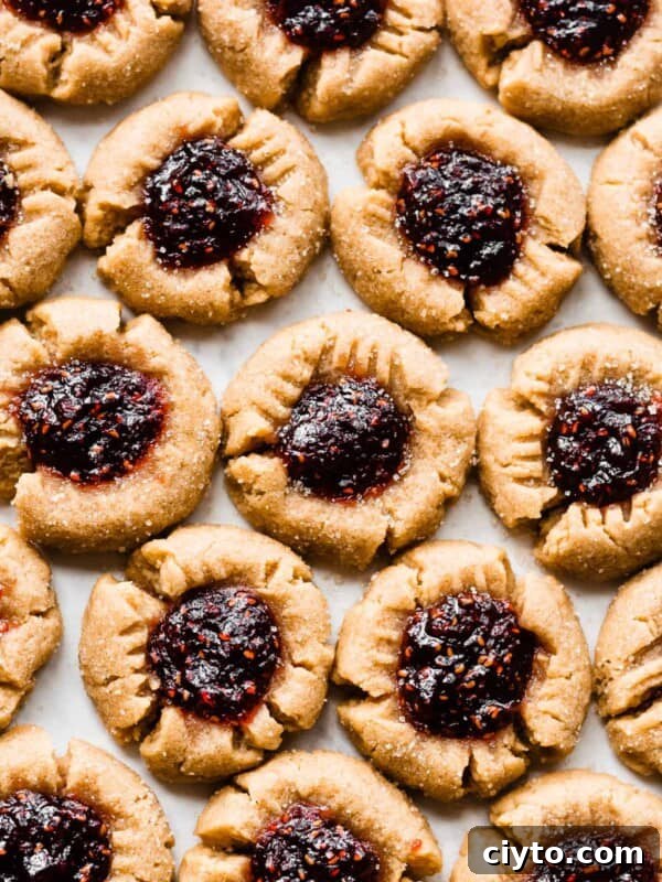Rows of pb&J thumbprint cookies.