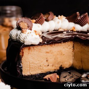 A close-up of the sliced peanut butter cheesecake, topped with ganache and peanut butter whipped cream.