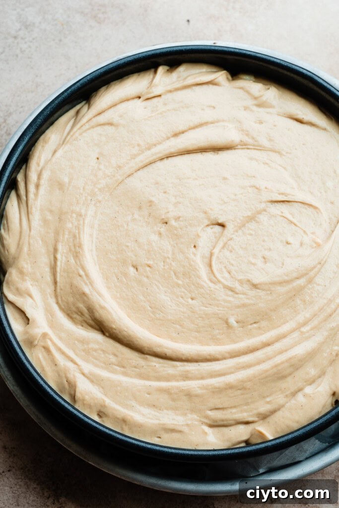 A pan of the unbaked cheesecake.