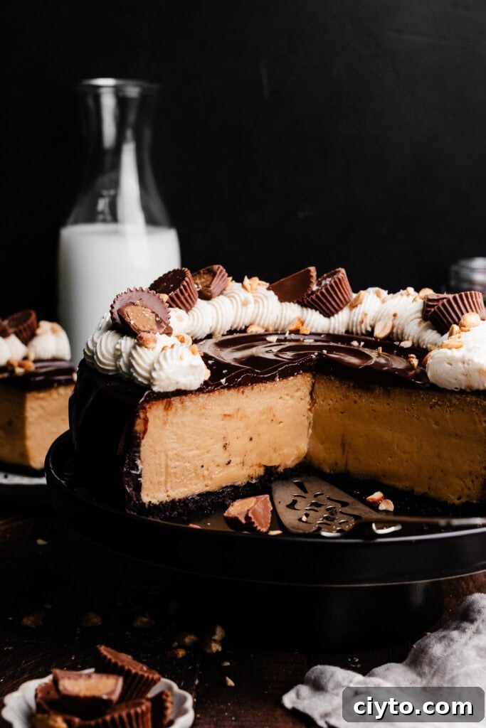 The sliced cheesecake on a cake stand, topped with chocolate ganache, peanut butter whipped cream, and mini peanut butter cups.