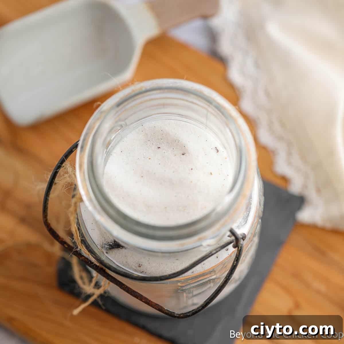 A jar filled with vanilla sugar.