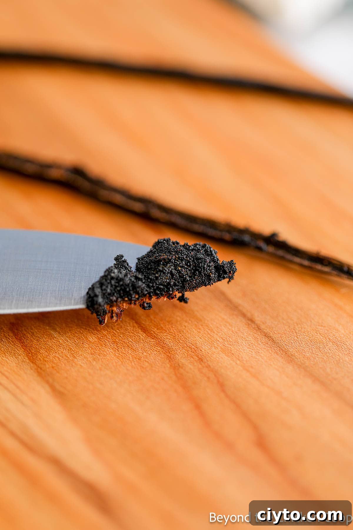 Vanilla bean on a knife.