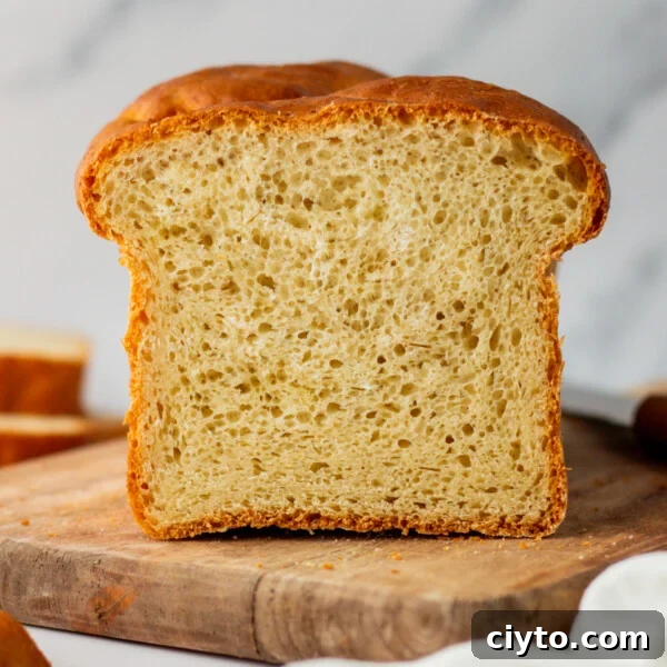 An image of cottage cheese bread slice standing on a wooden chopping board.