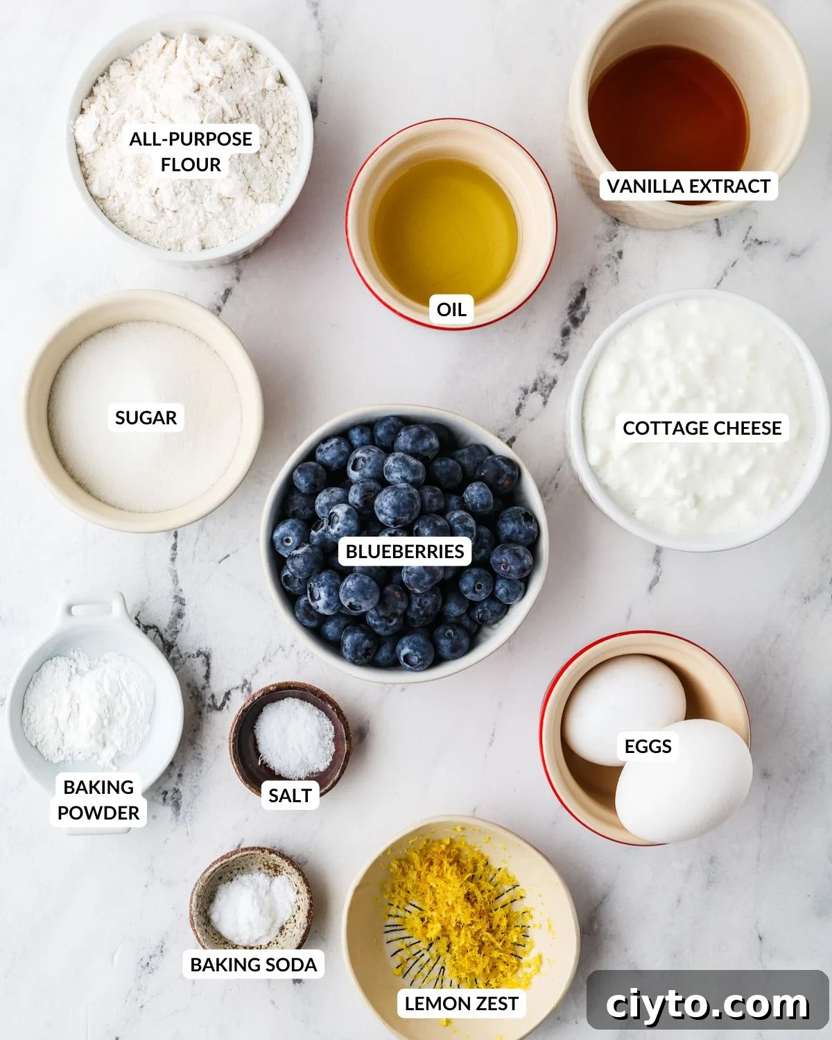 An overhead image of the ingredients of cottage cheese blueberry muffins.
