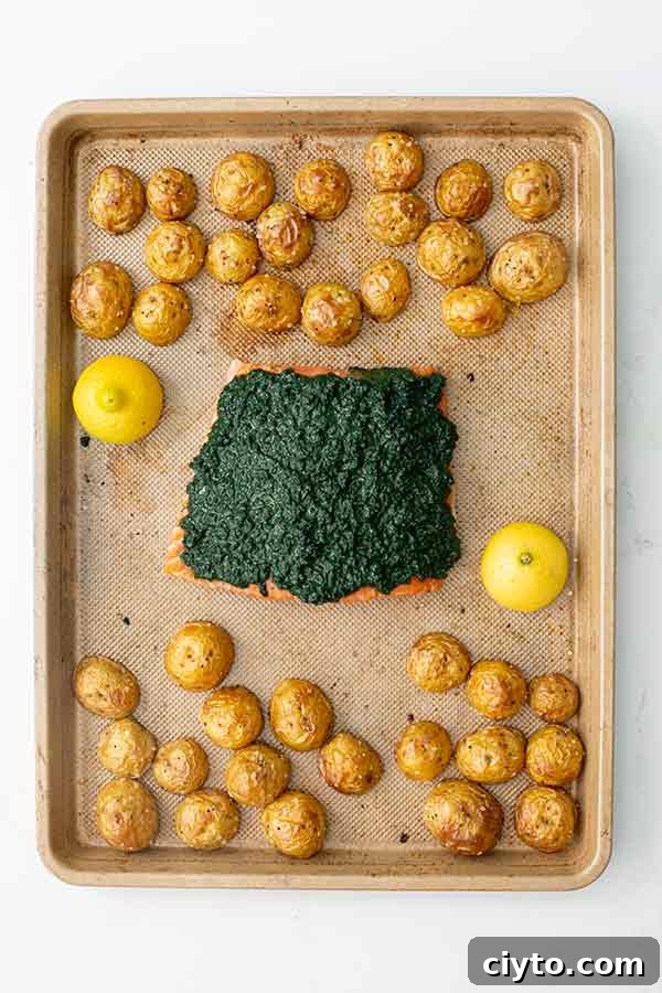 Sheet Pan Salmon with Spirulina Infused Pesto on Pan