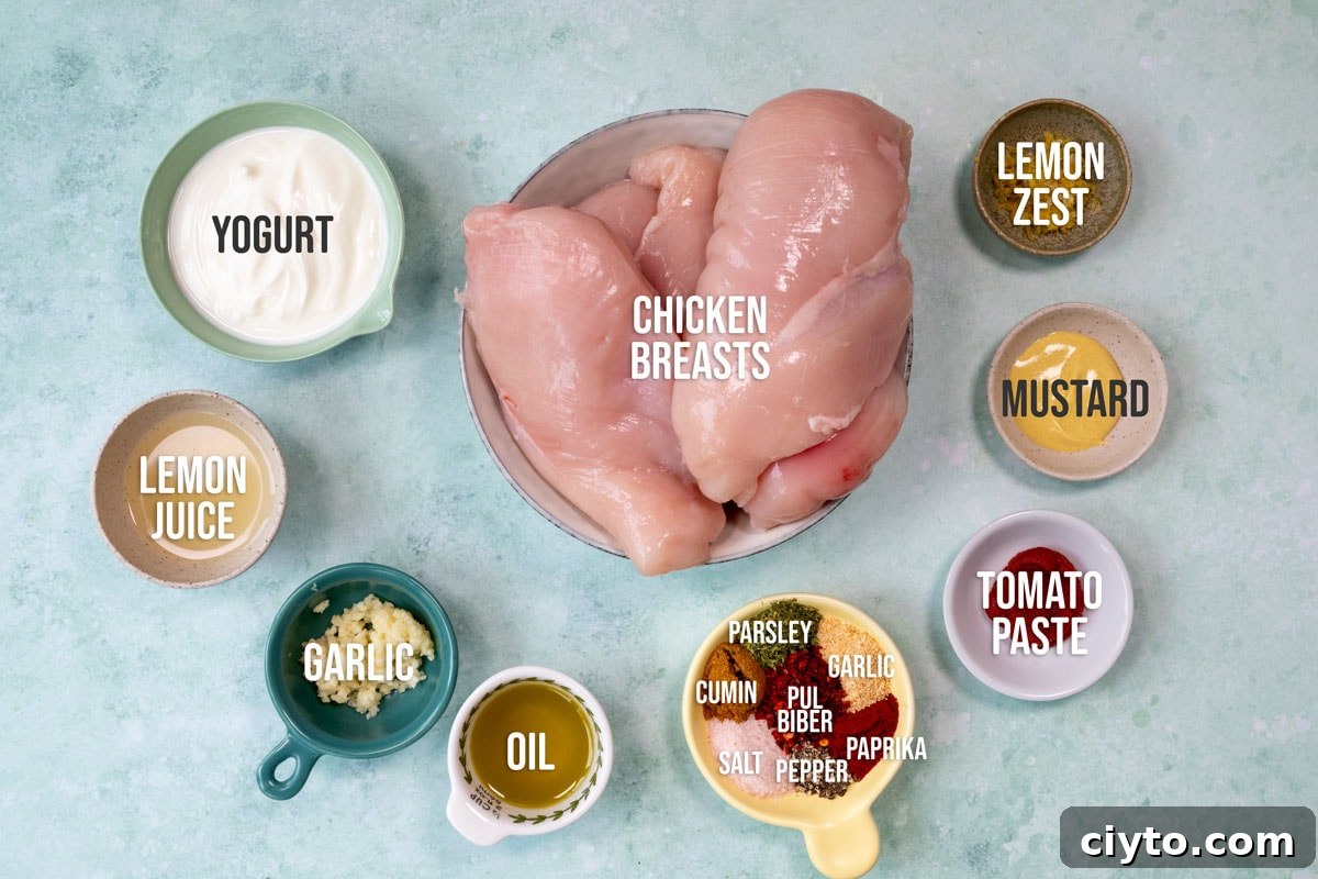 How to Make Juicy Air Fryer Chicken Breast 4 Top-down view of raw chicken breasts in a bowl, surrounded by small bowls containing yogurt, lemon juice, garlic, oil, parsley, cumin, salt, pepper, Pul biber, paprika, lemon zest, mustard, and tomato paste.