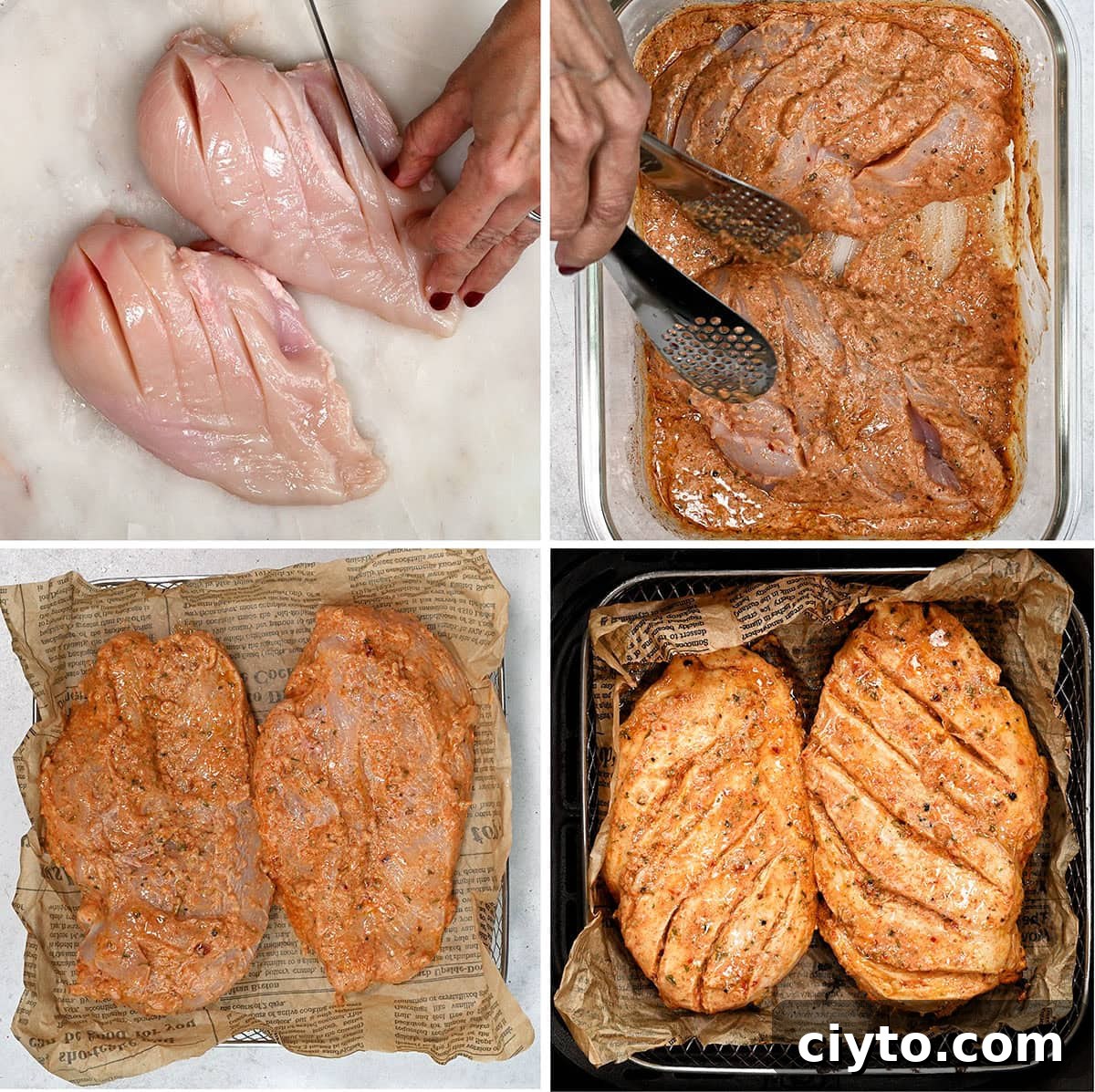 How to Make Juicy Air Fryer Chicken Breast 5 A four-step process of preparing chicken: slicing raw chicken breasts, marinating them in spices, placing the marinated chicken on parchment, and cooking the seasoned chicken breasts until golden.