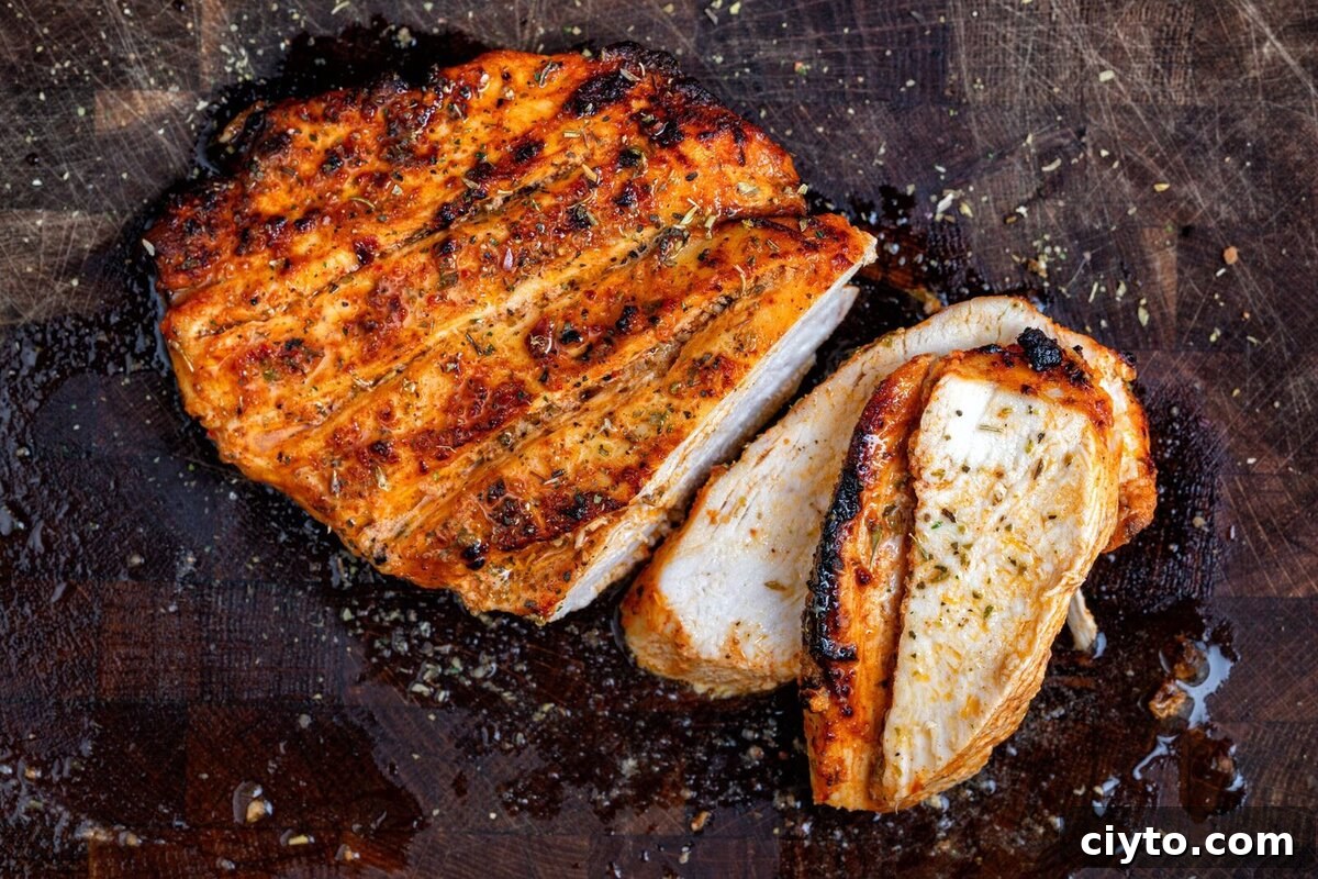 How to Make Juicy Air Fryer Chicken Breast 6 air fried, seasoned chicken breast sliced on a dark wooden cutting board, showing juicy, well-cooked meat and a golden-brown, slightly charred exterior.