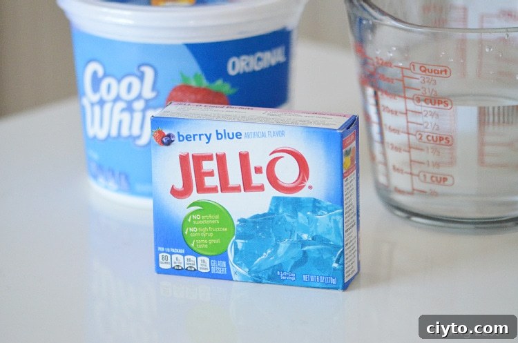 Ingredients needed to make a blue Jello Magic Mousse.