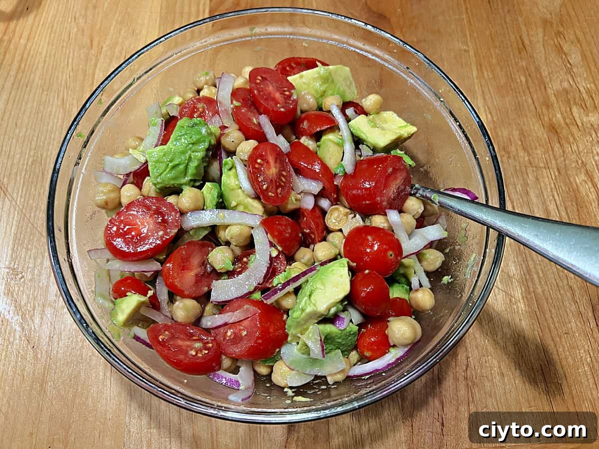 Chickpea and Avocado Salad Recipe 7 Chickpea avocado salad completely mixed.