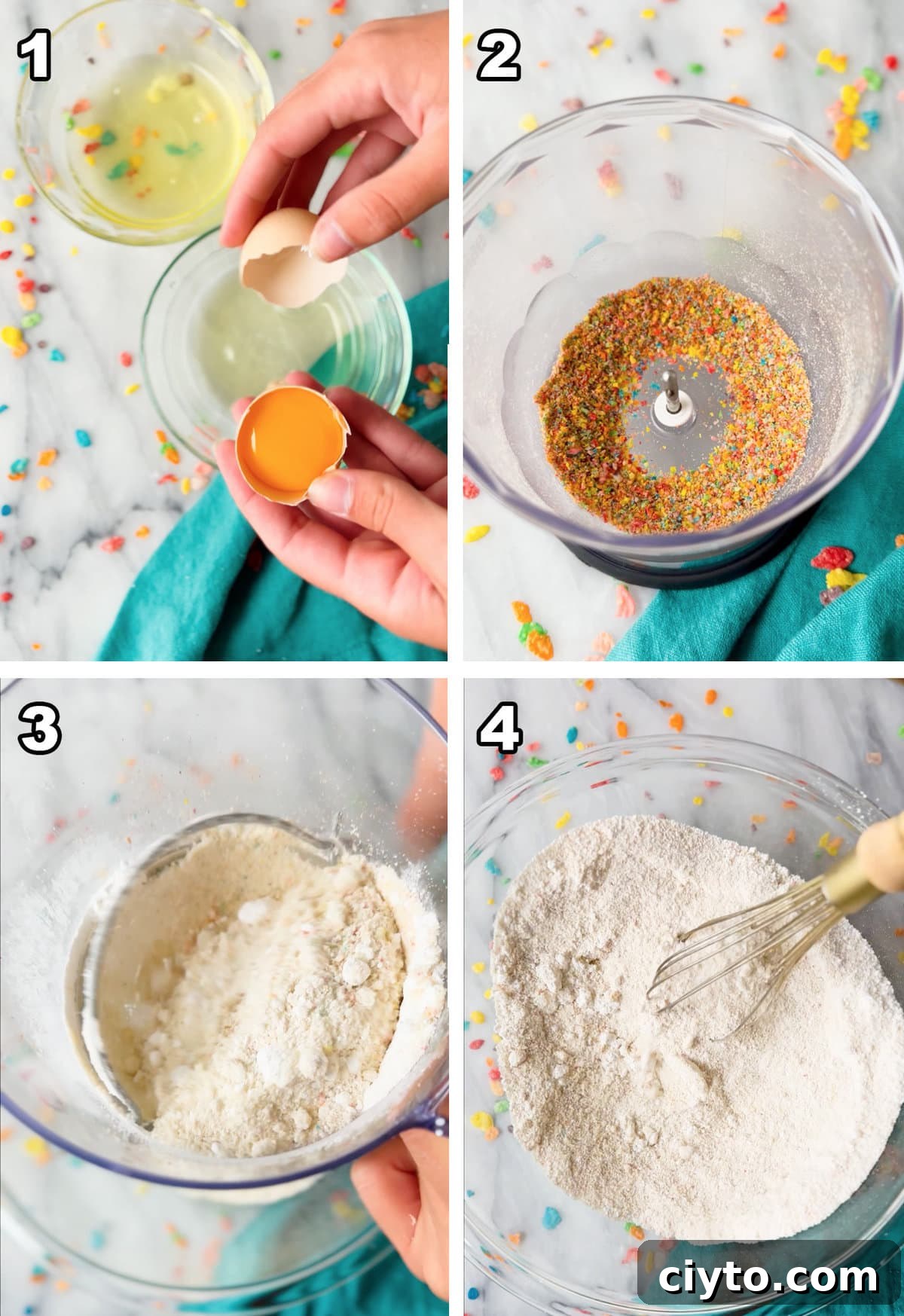 fruity pebble macaroons collage, process 1 through 4, Separate egg whites, Crushing fruity pebbles, Sift powdered sugar/fruity pebbles/almond flour, Whisk together af ps fruity pebbles