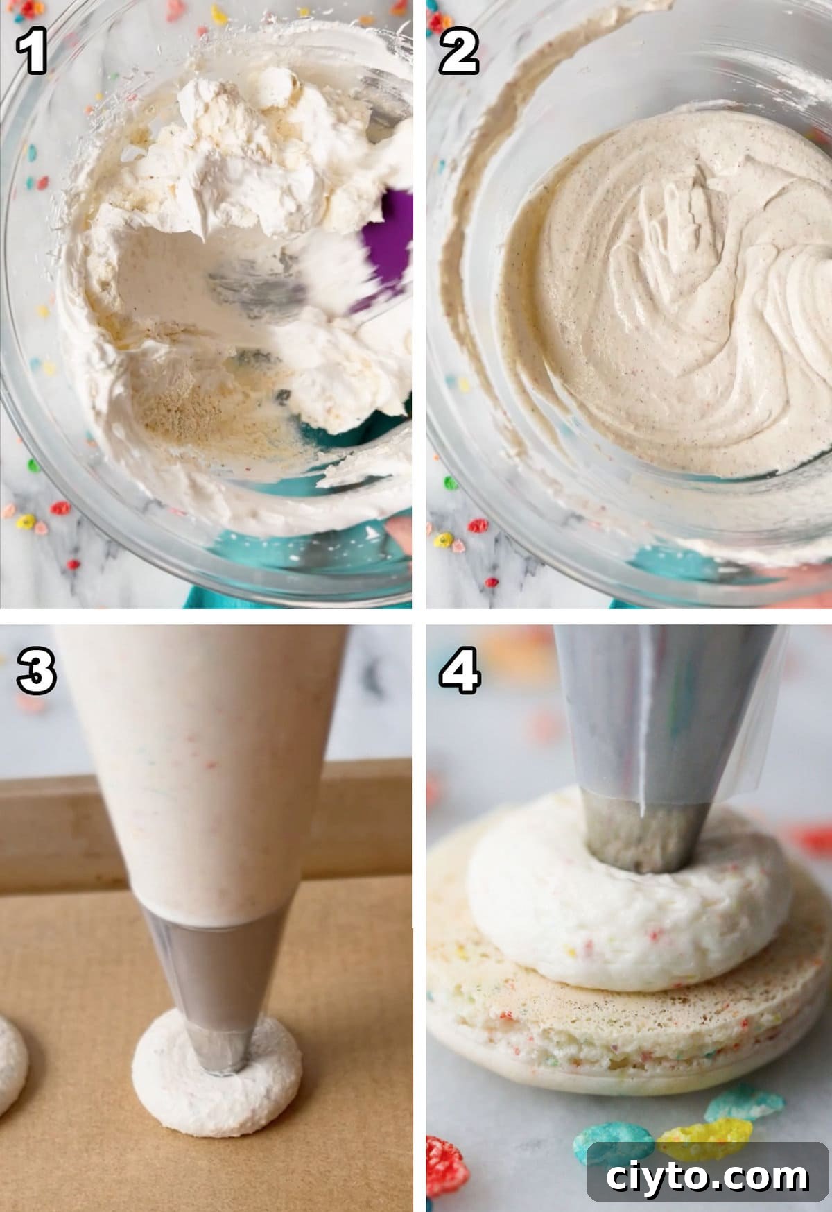 fruity pebbles macarons, Macaronage/finishing images of Adding almond flour/folding it in Once almond flour combined, Piping straight down on baking sheet, Filling with frosting