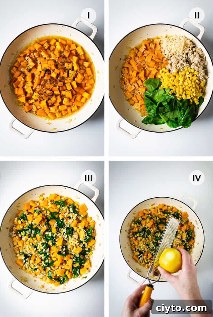 Creamy Butternut Squash Barley Risotto with Spinach and Corn 4 Four step instructions to making this risotto.