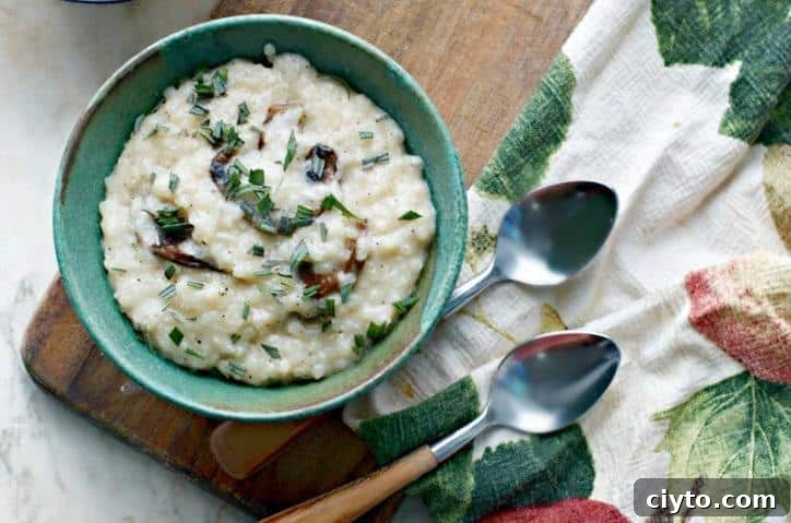 A close up overhead photo of Creamy No Stir Parmesan Mushroom Risotto