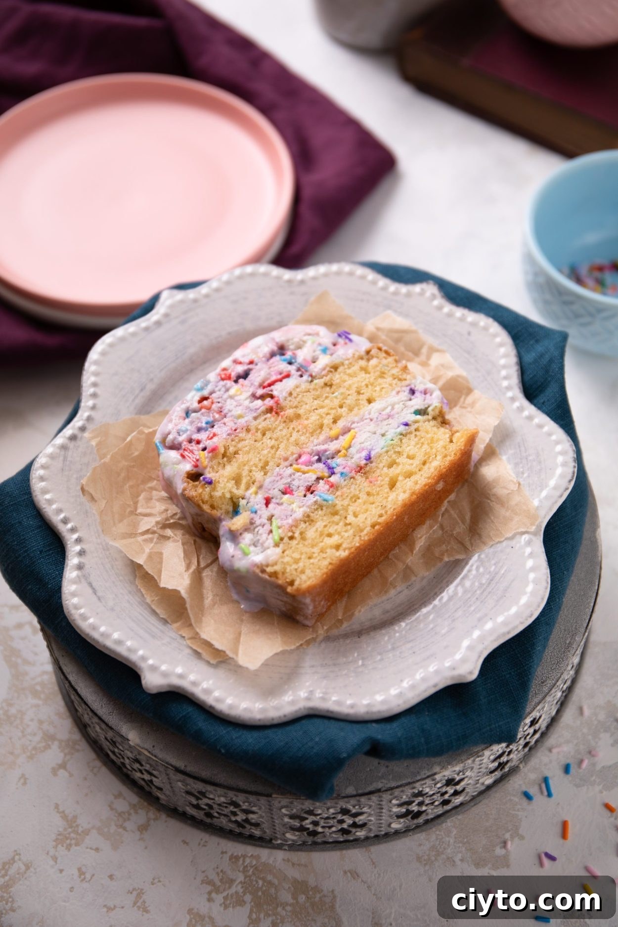 A slice of ice cream loaf cake. | beautiful food photography