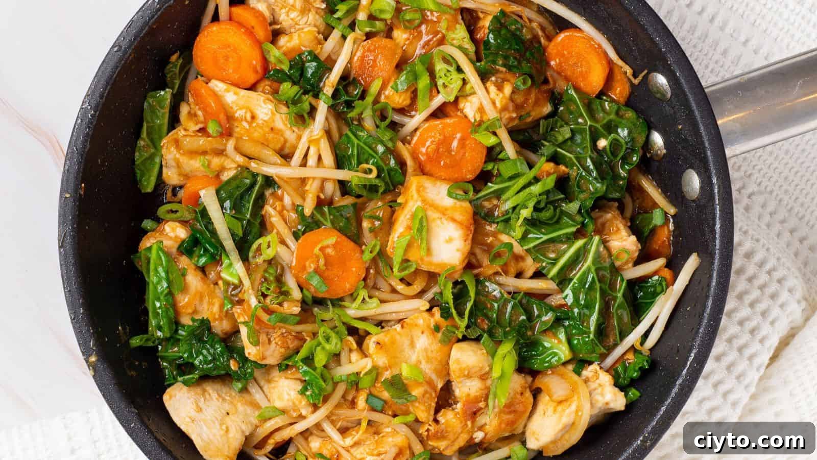 Stir-fried chicken chop suey in a skillet.