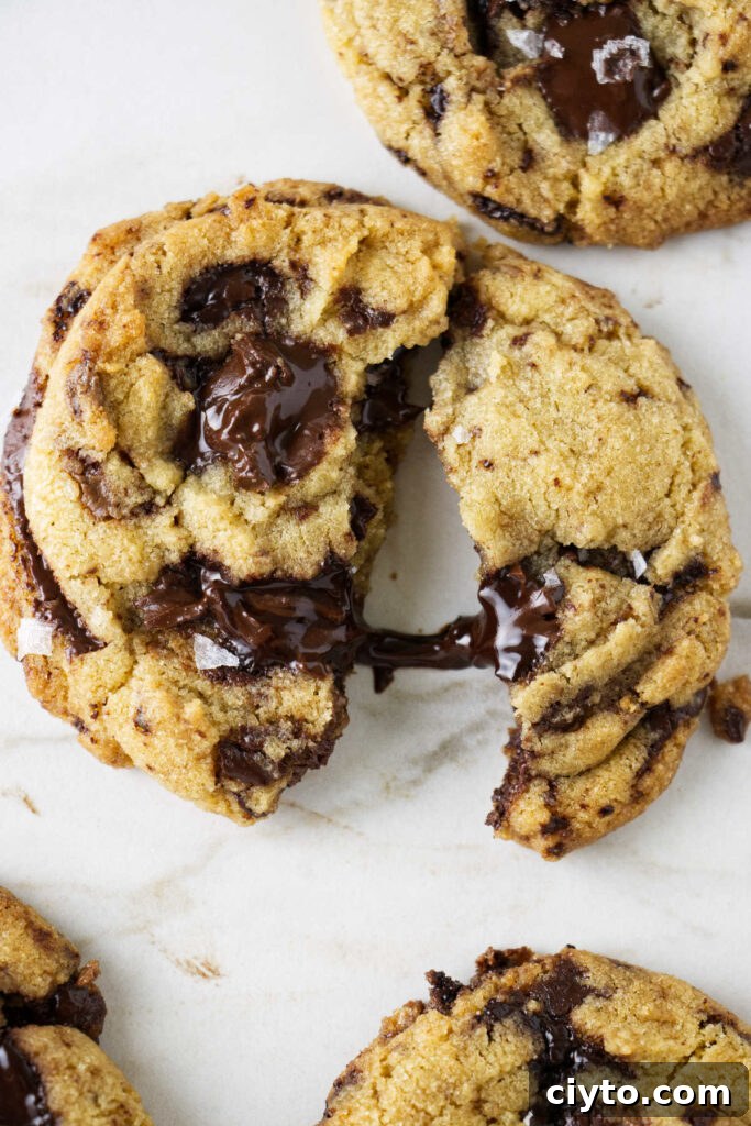 Egg Yolk Cookies Recipe: Crispy, Buttery Treats 3 A warm chocolate chip cookie broken open to show gooey chocolate.