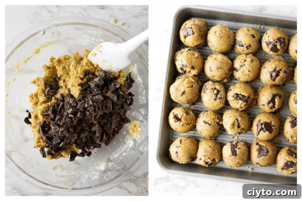 Egg Yolk Cookies Recipe: Crispy, Buttery Treats 7 Stirring chocolate chunks into cookie batter then scooping the dough into balls.