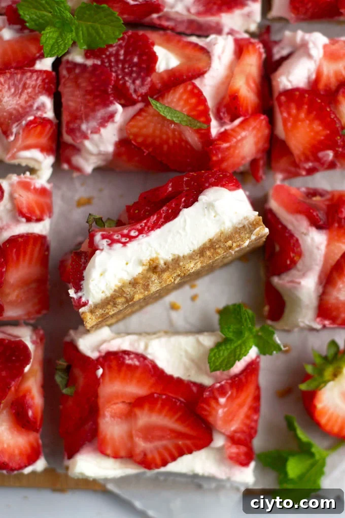 bar on it's side to show the graham cracker layer, mascarpone layer and fresh strawberries