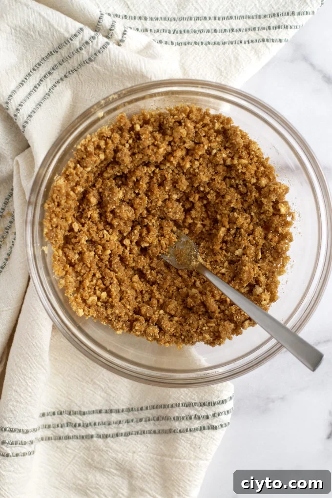 vanilla graham cracker crust being mixed in a bowl with a fork