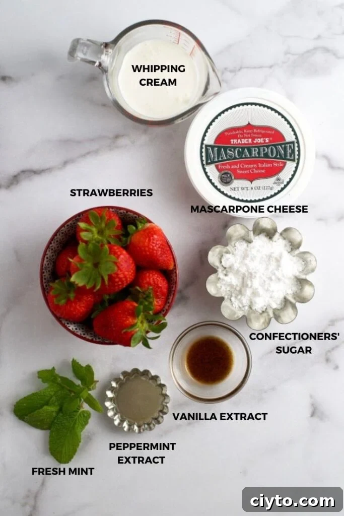 ingredients for mascarpone cheesecake with strawberries and mint