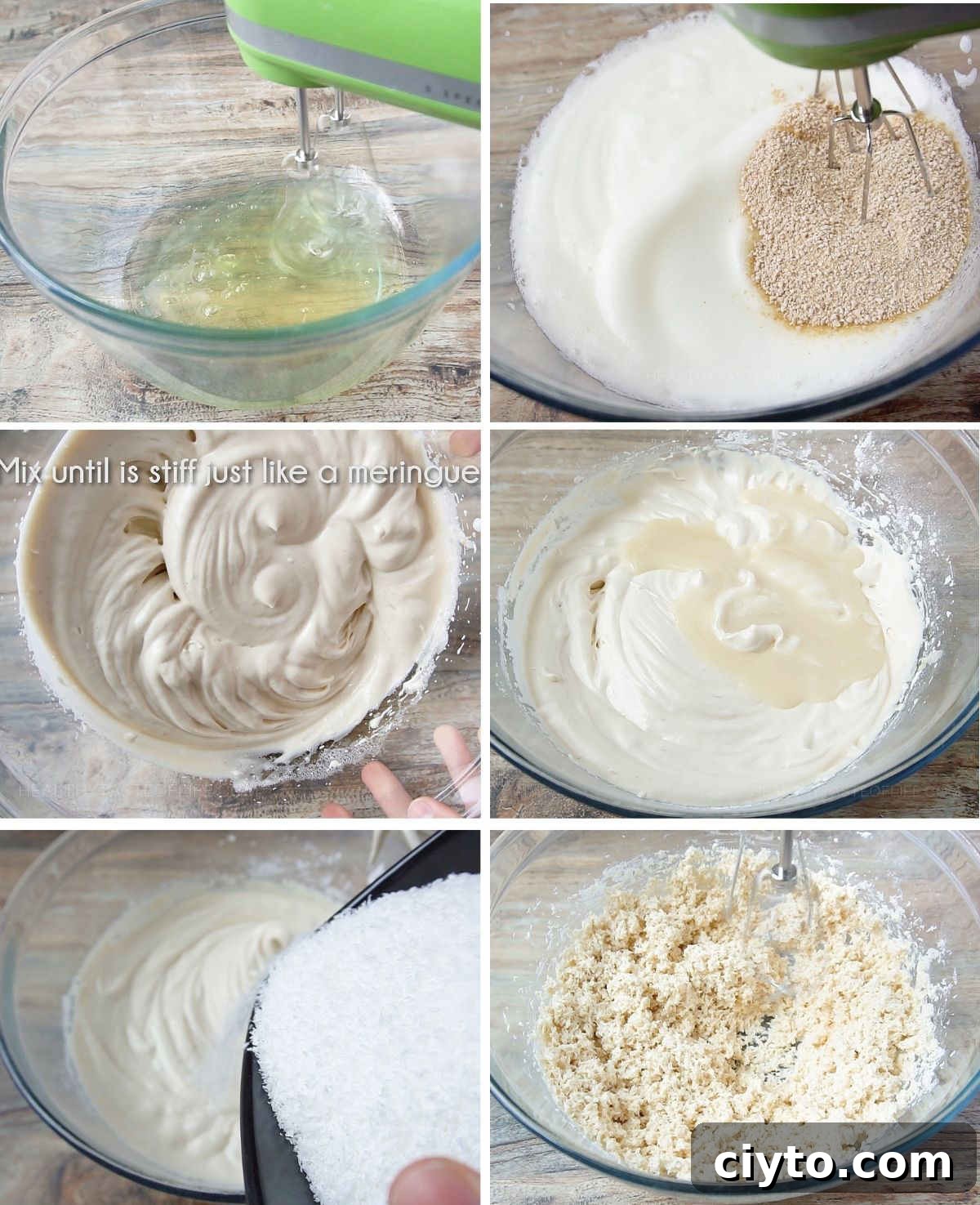 Process shots showing how to make dairy free macaroons by beating the egg whites and mixing with shredded coconut.