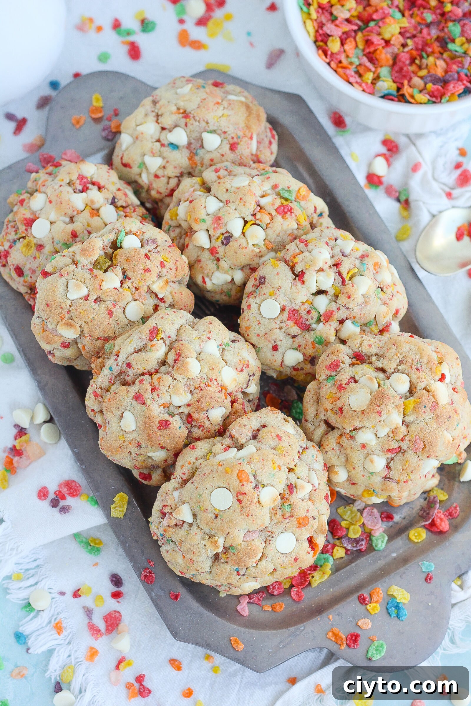 Fruity Pebbles Cookies Recipe: Crunchy Rainbow Cereal Treat 4 Fruity Pebbles Cookies on a tray