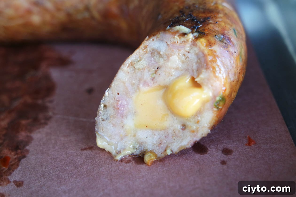 cheese oozing from sausage