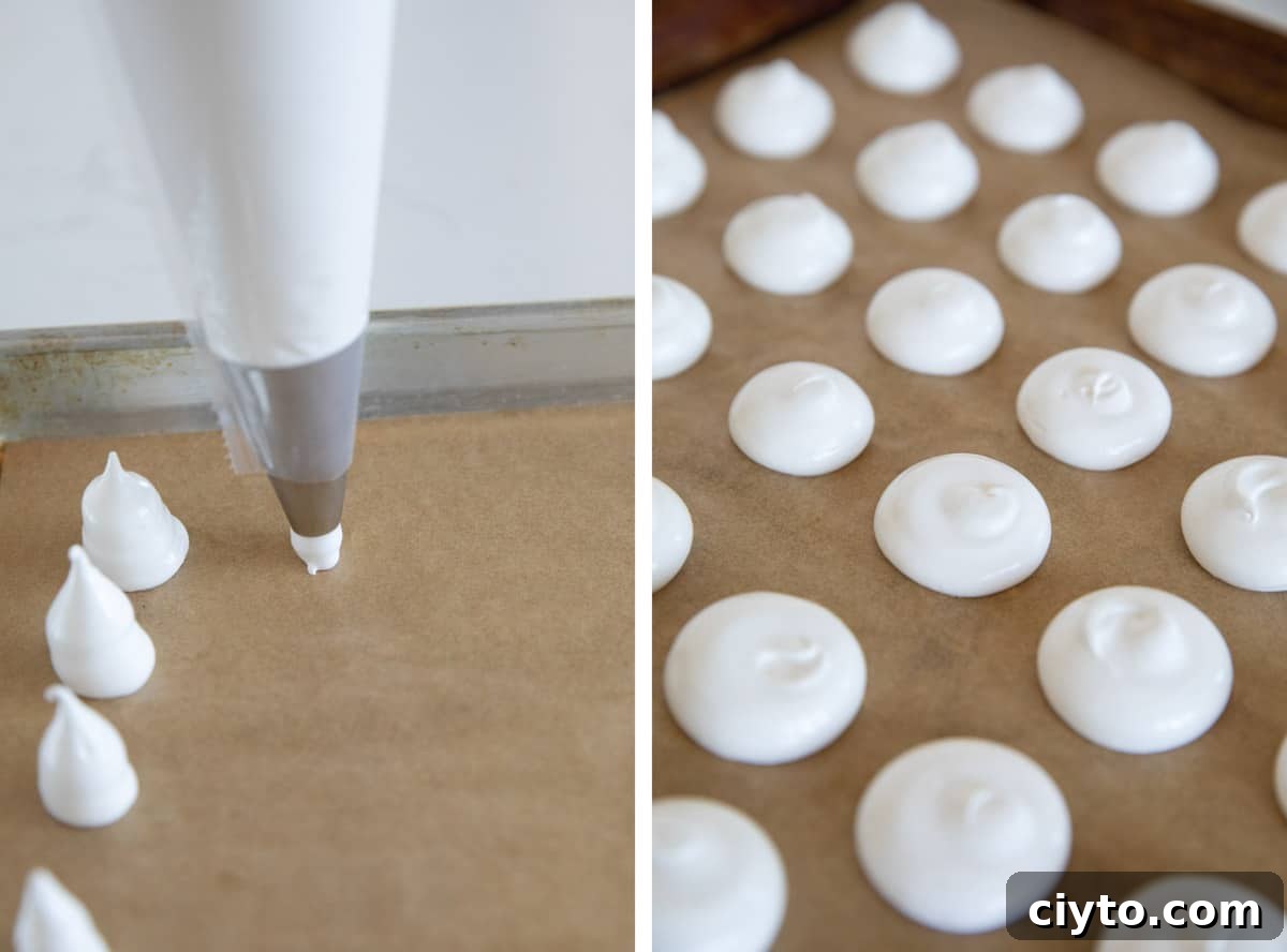 Piping stems and caps from meringue for Meringue Mushrooms.
