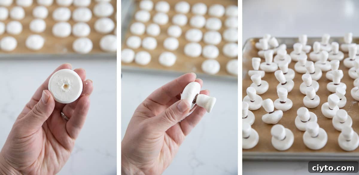 Steps to assemble meringue mushrooms.