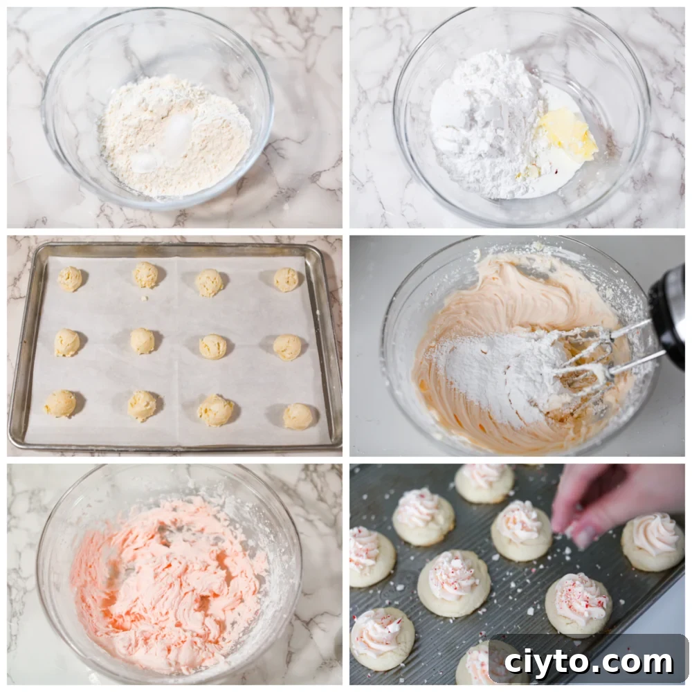 Various stages of making peppermint meltaway cookies: dry ingredients, dough balls, frosting and crushed peppermint on top.