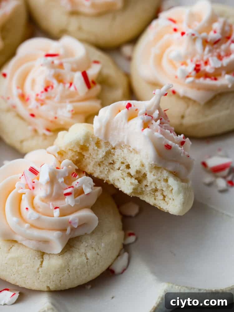 Close up view of peppermint meltaways with frosting and sprinkled peppermint candy on top. A bite is taken out of one of the cookies 