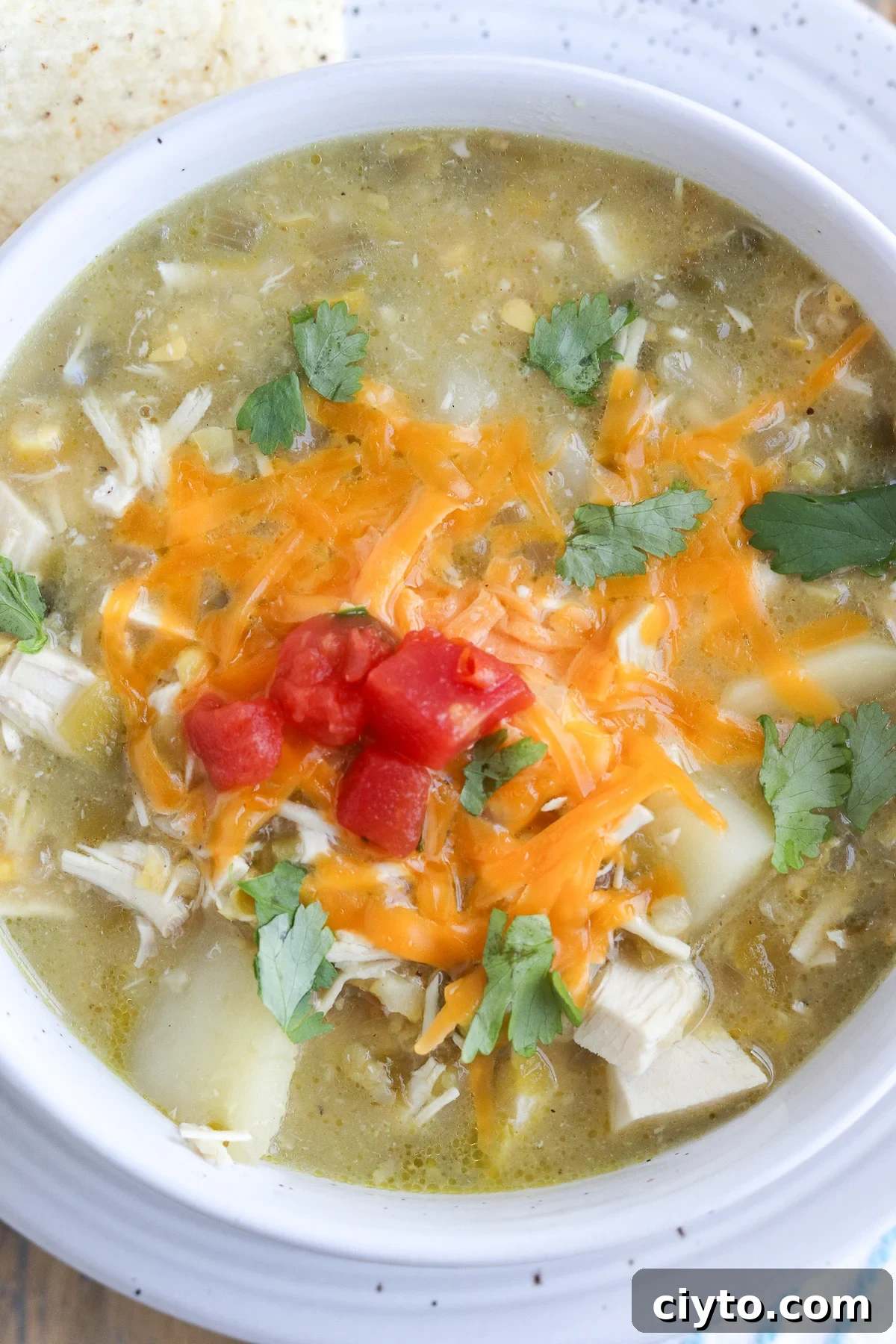 Green Chile Chicken Soup Recipe 3 soup topped with tomatoes, melted cheese and cilantro