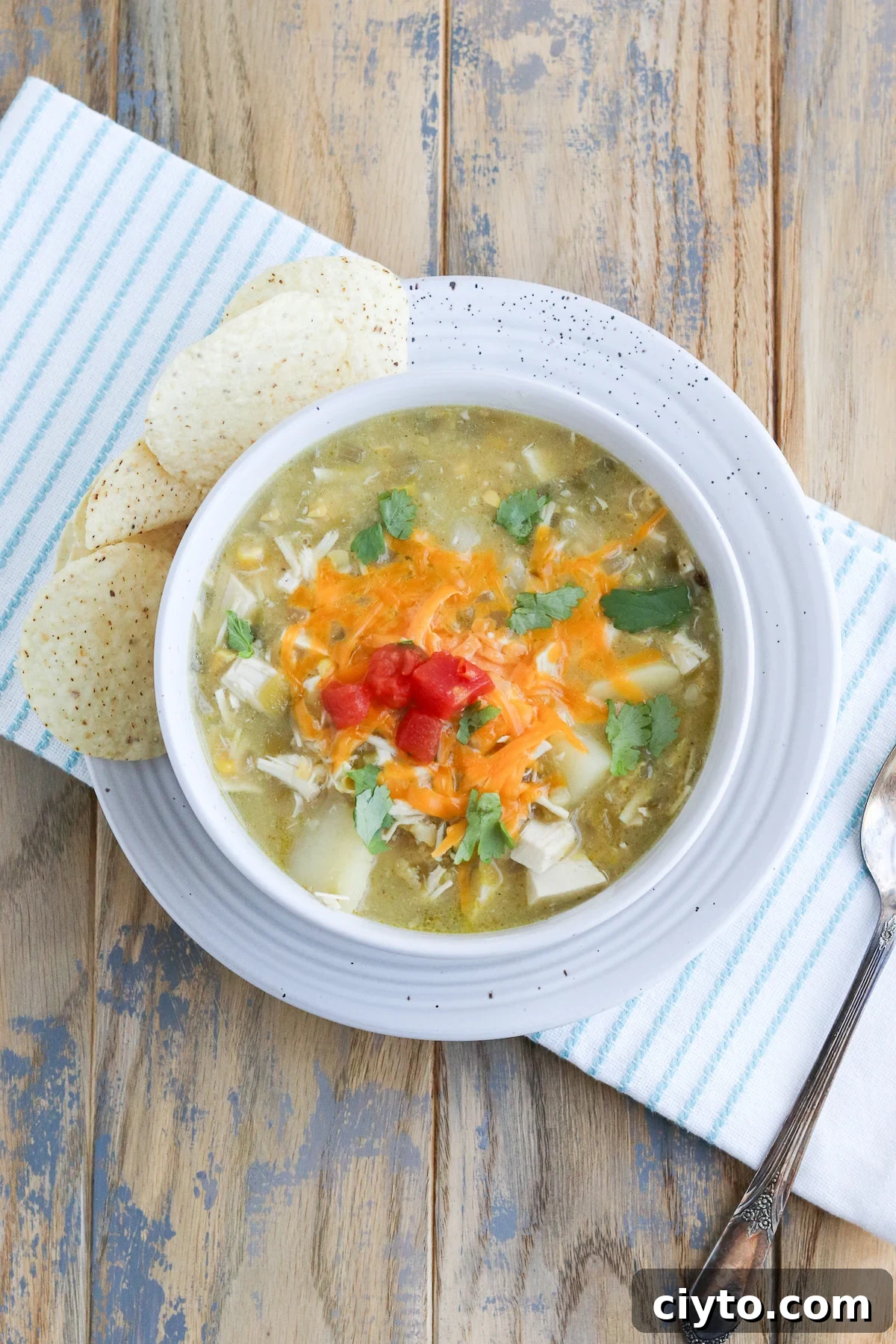 Green Chile Chicken Soup Recipe 6 bowl of prepared green Chile soup with a side of tortilla chips