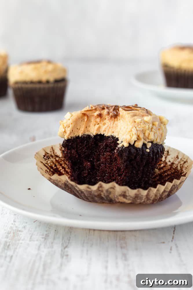 Rich, dark, and moist chocolate cupcakes topped with fluffy, creamy, and smooth peanut butter frosting. Simple yet irresistibly delicious!