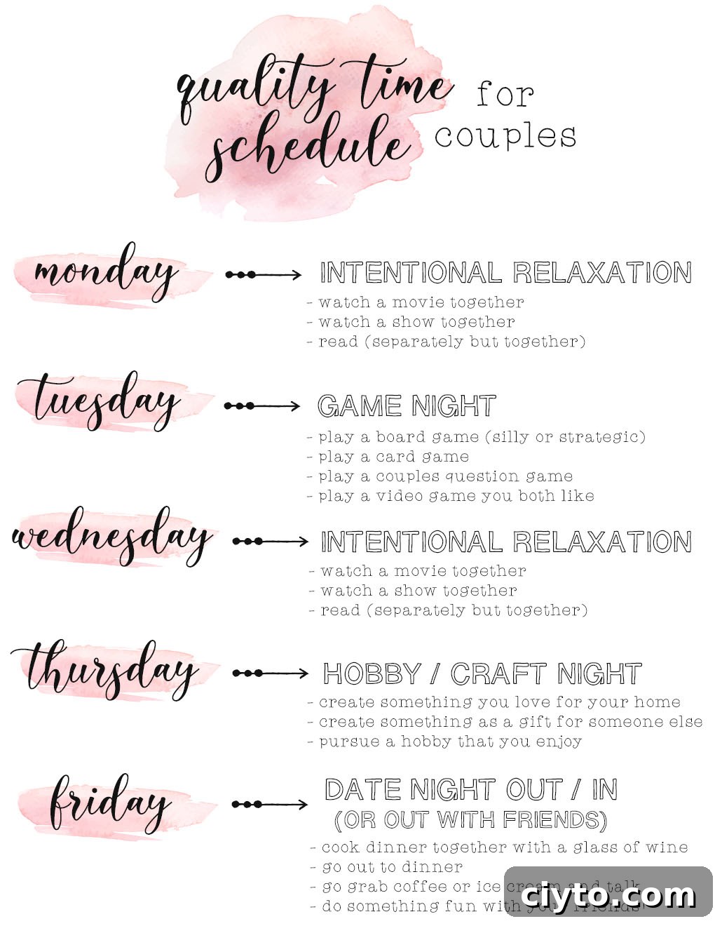 Quality Time Schedule for Couples - Prioritize your quality time with your partner instead of scrolling through social media and realizing it's almost time to go to bed! This downloadable, printable schedule will give you varied, intentional quality time ideas for every week night!